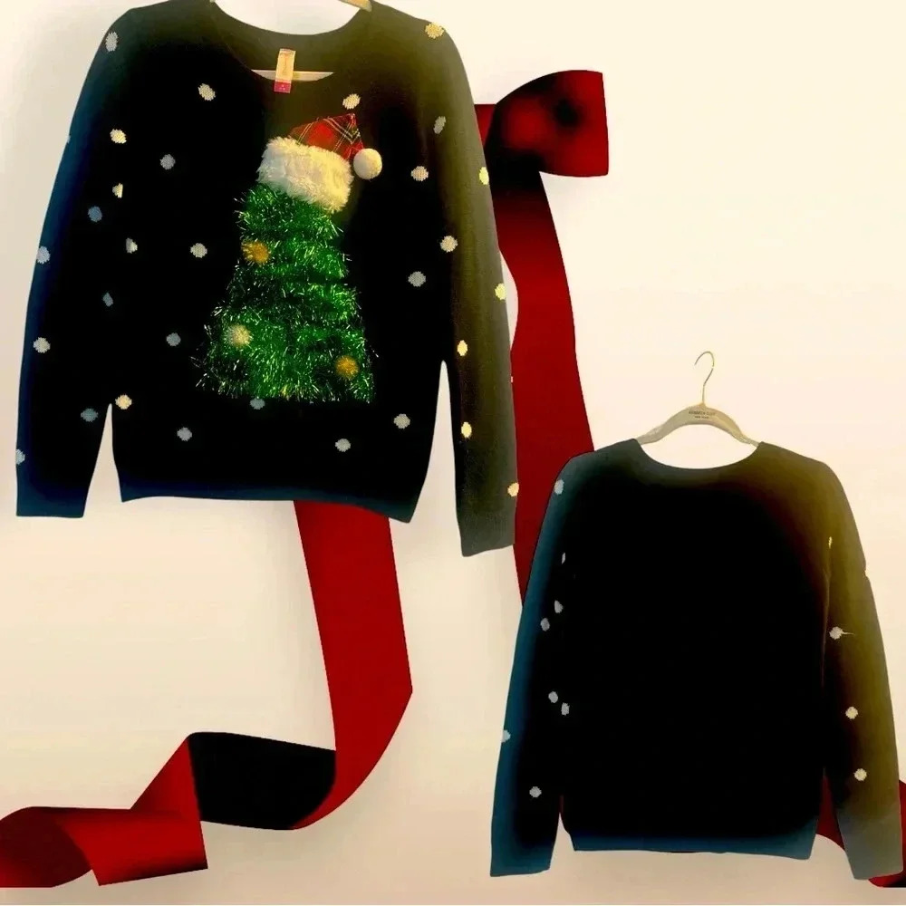 Black & White Polka Dot Ugly Christmas Sweater with Tinsel Tree Size Medium